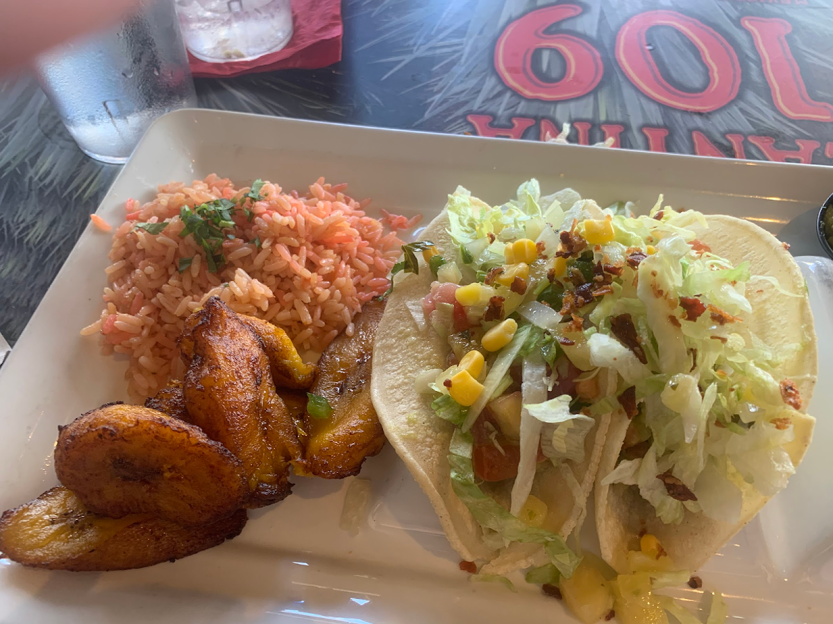 Ahi tuna tacos with rice and plantains