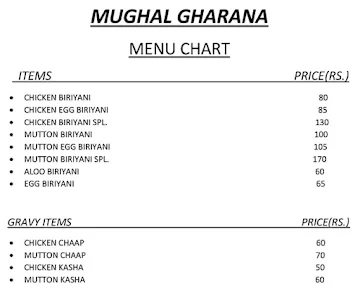 Mughal Gharana menu 