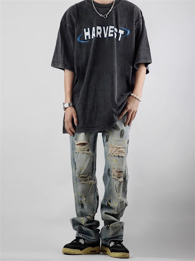 Title 11, Mens loose washed-out painting splash-ink ripp...