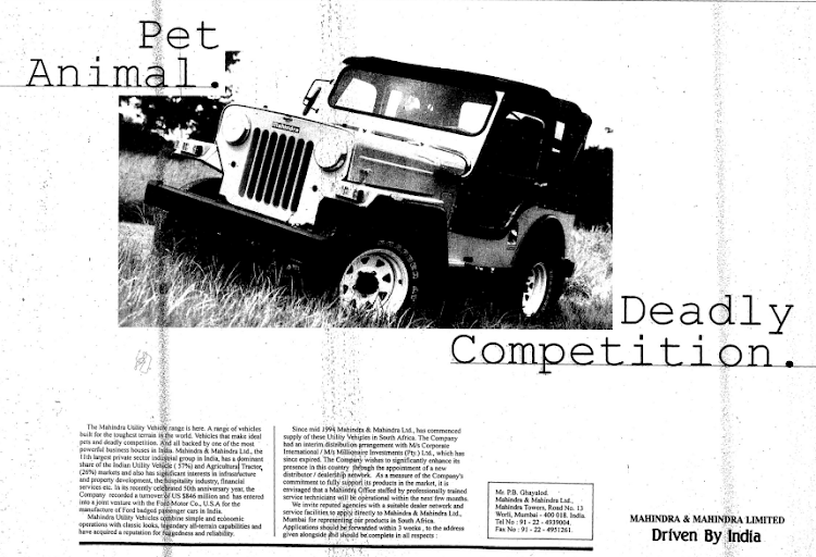 A Mahindra advertisement in the July 7 1996 edition of Sunday Times.