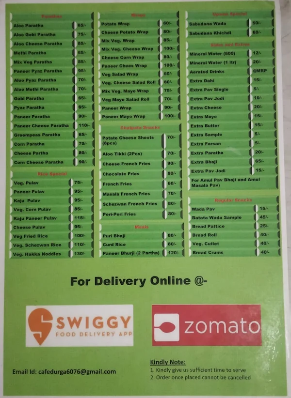 Cafe Durga Baner Branch menu 