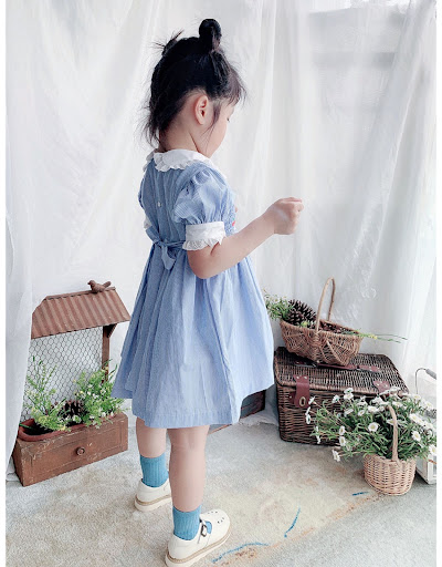 Title 15, New Retro Blue Striped Handmade Cherry Puff Sle...