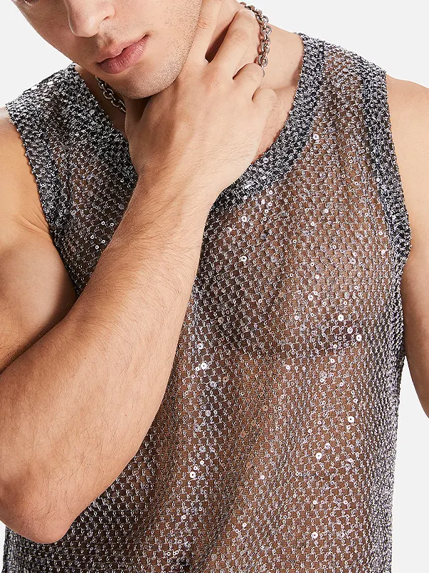 Débardeur transparent pour homme avec sequins d'été, style européen et américain, fabrication artisanale de qualité, pour un look estival audacieux.