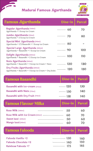 Madurai Famous Jigarthanda menu 