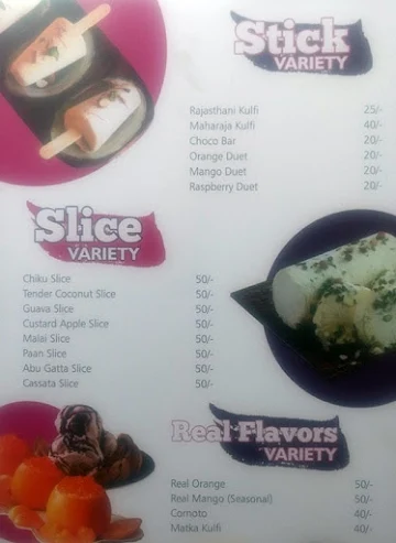 Maharaja Ice Cream menu 