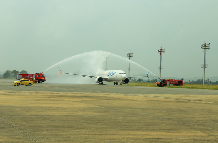 The inaugural FlyDubai direct flight is welcomed at the Moi International Airport in Mombasa with a splash of water on Wednesday, January 17, 2024.