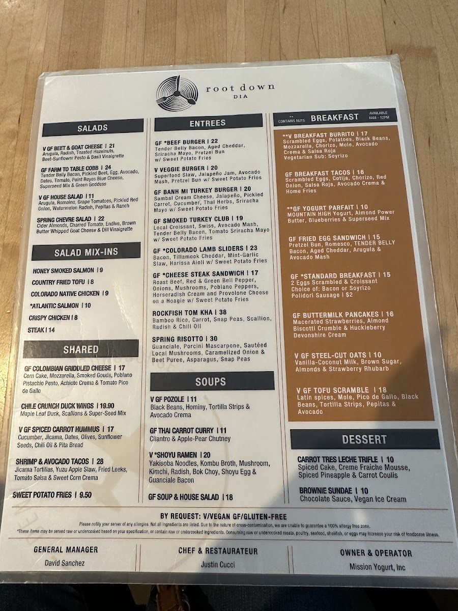 Menu with items marked GF as of 3/27/24