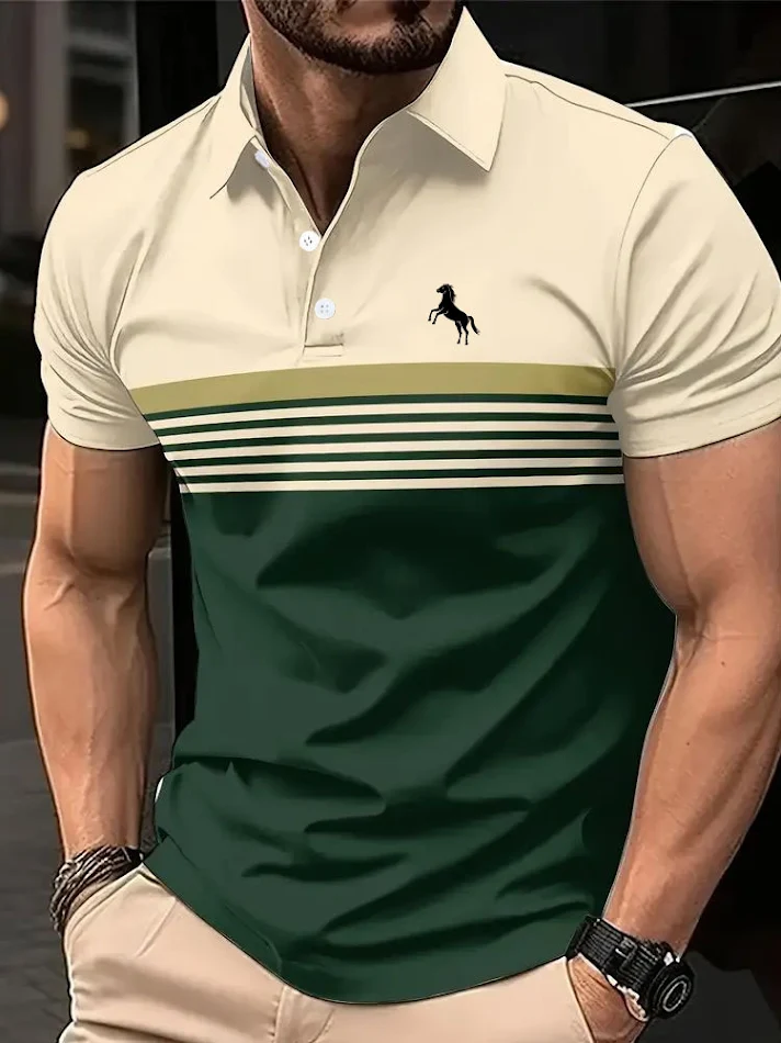 Men's Casual Striped Color Block Design Sports Style Collar Golf Shirt. Comfortable and stylish for your golf game. Perf