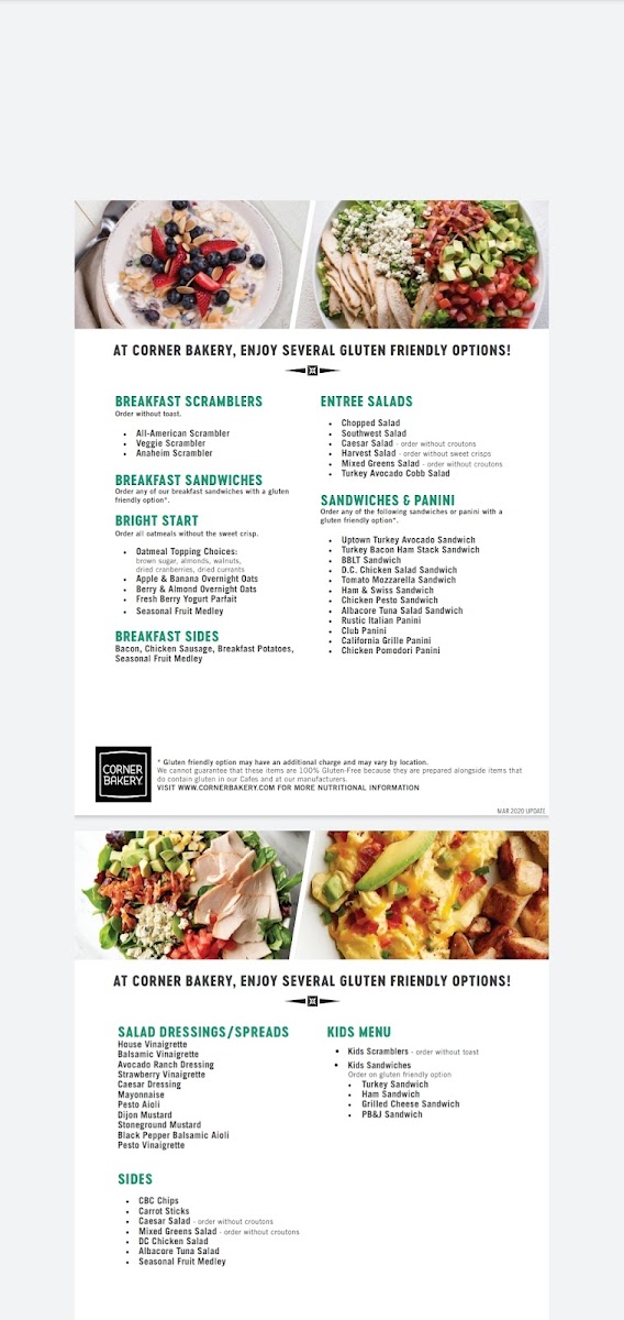 Corner Bakery gluten-free menu