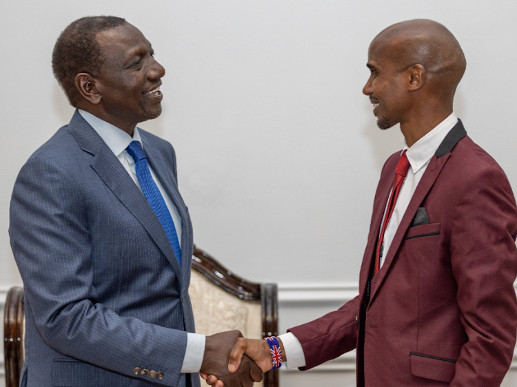 President William Ruto greets the Goodwill Ambassador of the International Organisation for Migration Mo Farah at State House on April 23, 2024.