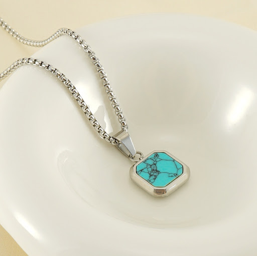 Title 9, Titanium Steel Hip-hop Turquoise Square Pendant...