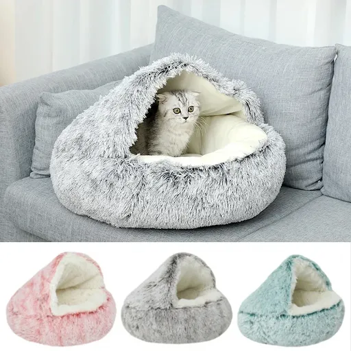 Snooze Cat Bed Round Plush Fluffy Hooded Cozy Cat Bed Cave for Indoor Donut Self Warming Small Dog Bed Anti-anxiety Pupp