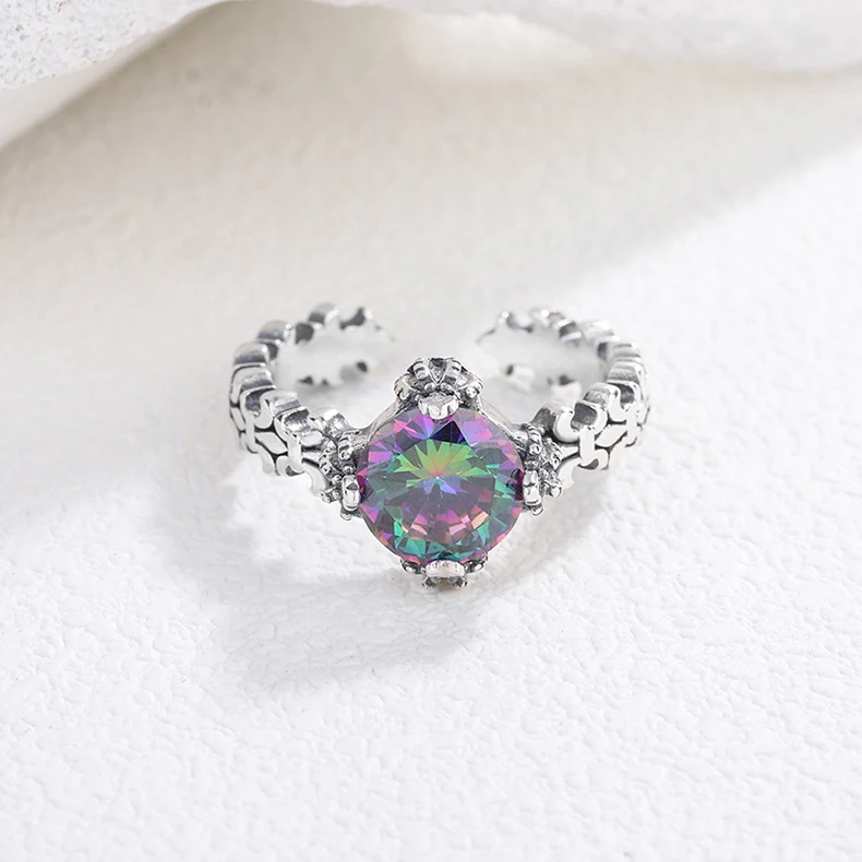 Bague Croix Géométrique Vintage en Argent Sterling S925 avec Zircon Coloré, un bijou unique et tendance.