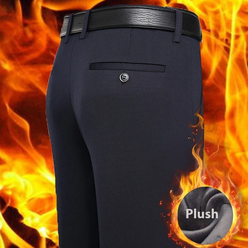 Fleecegevoerde, verdikte herenbroek met volledige elastische tailleband. Ultiem comfort en warmte.