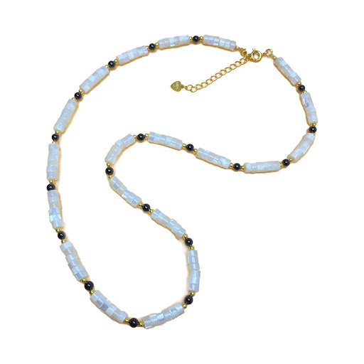 Title 1, Silver Natural White Shell Black Agate Beaded N...