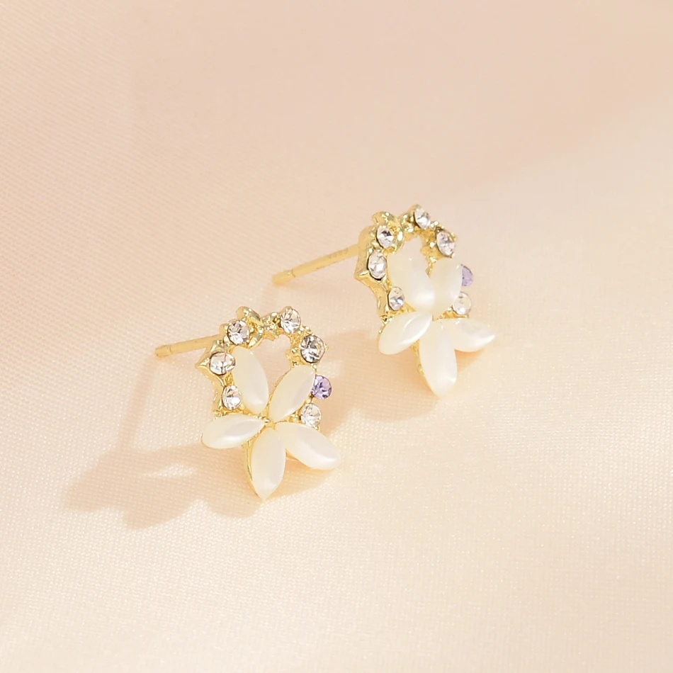 Brincos Femininos Flor de Zircônia Coração Estilo Coreano Japonês Delicado com Olho de Gato Pequenos e Exquisitos Joias