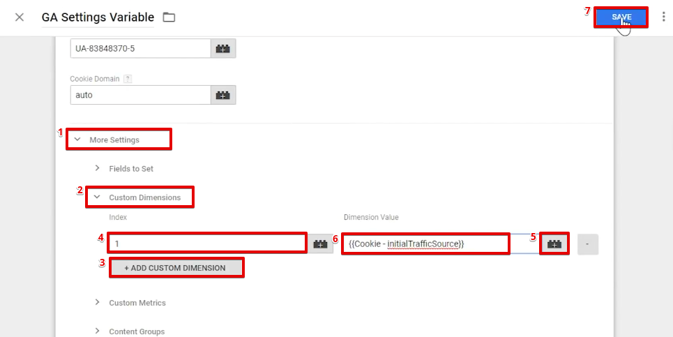 Configuring the custom dimension value and the dimension index in a Google Analytics settings variable from the Google Tag Manager account