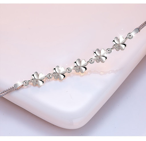 Title 3, Lucky Four-Leaf Clover Silver Plated Bracelet w...