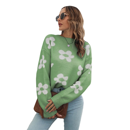 Title 2, Flower Brocade Sweater Womens Loose Long Sleeve