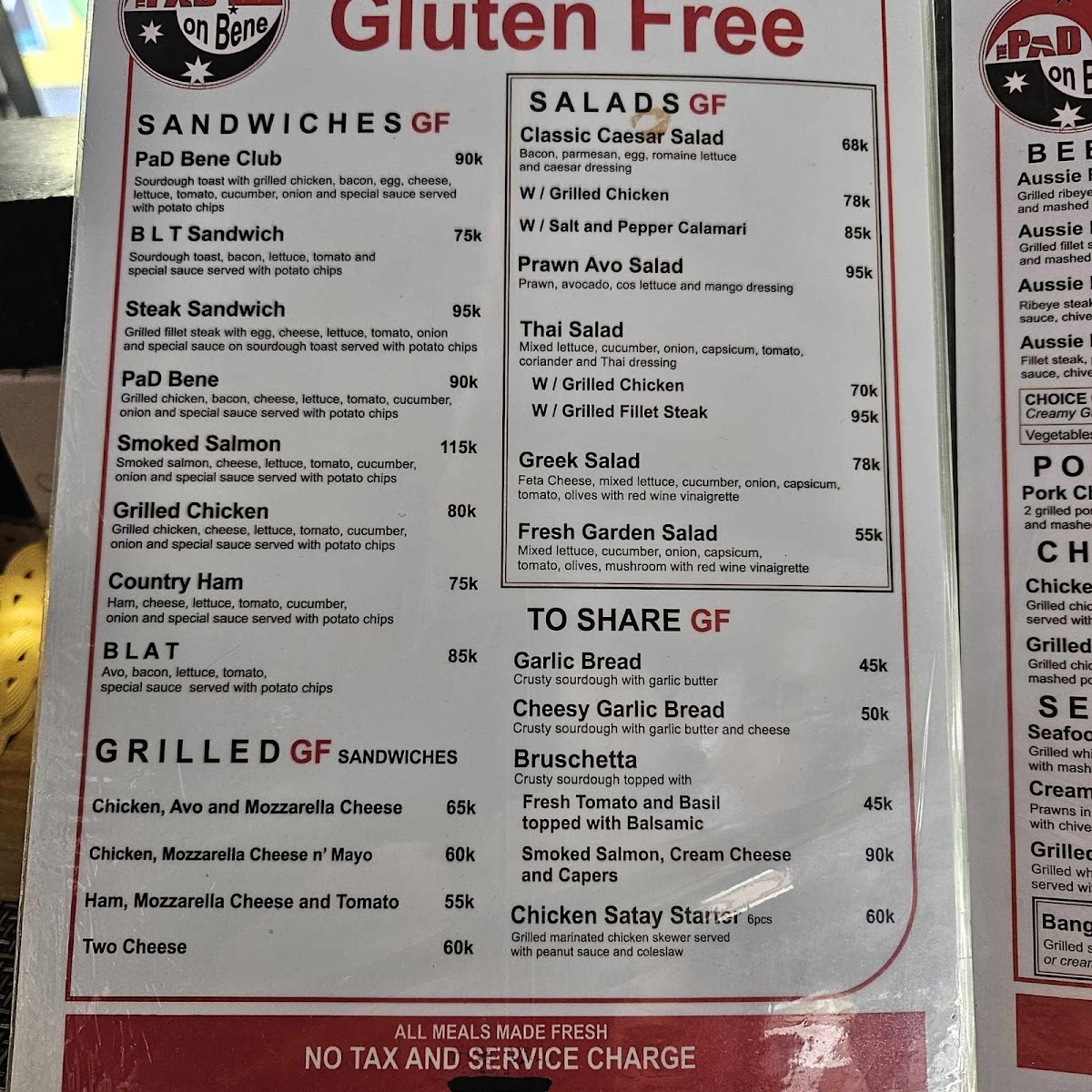 The PaD Bar On Bene gluten-free menu