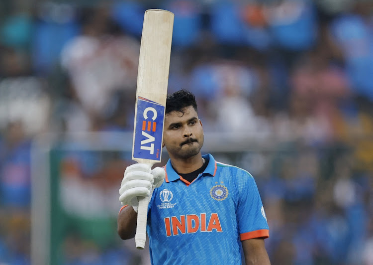 India's Shreyas Iyer celebrates after reaching his century at the M Chinnaswamy Stadium in Bengaluru, India, November 12 2023. Picture: ADNAN ABIDI/REUTERS