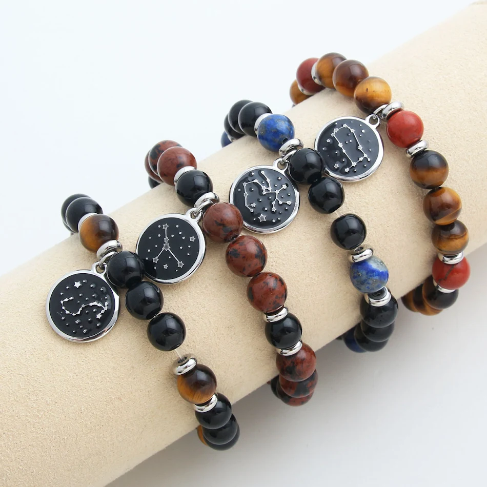 Twaalf Sterrenbeelden ronde roestvrijstalen hanger met natuurstenen kralen armband, stijlvol & betekenisvol.