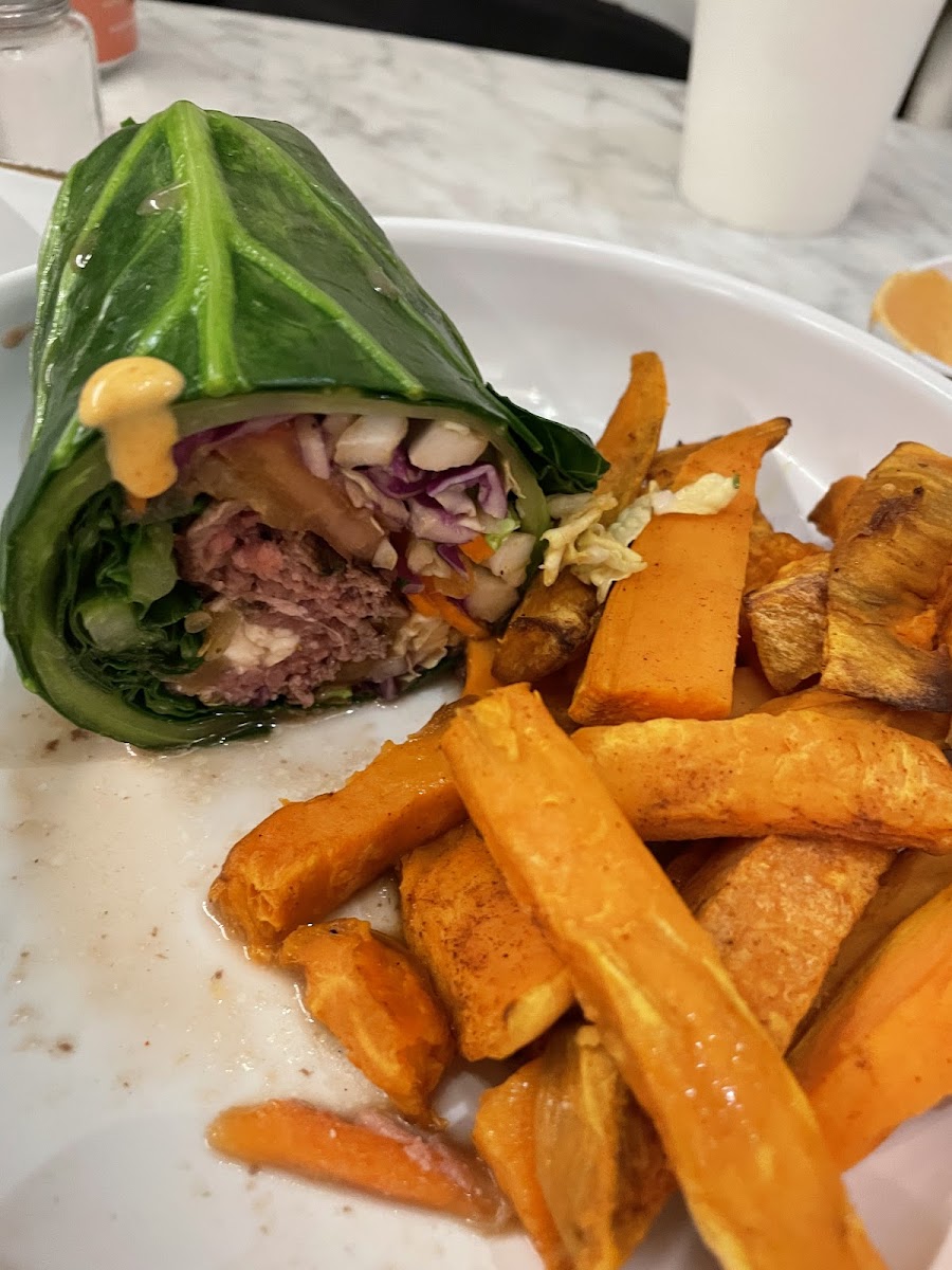 Burger with feta in collard green wrap