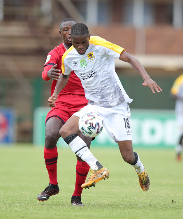 Ovidy Karuru of Black Leopards challenged by Ayanda Gcaba of Jomo Cosmos during the Nedbank Cup, Last 32 match between Jomo Cosmos and Black Leopards at Profert Olen Park Stadium on February 07, 2021 in Potchefstroom, South Africa.