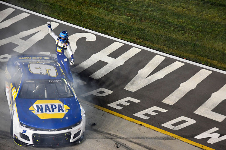 Chase Elliott celebrates after winning the Nascar Cup Series Ally 400 at Nashville Superspeedway on June 26 2022 in Lebanon, Tennessee.