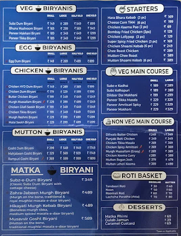 The Bombay Sultaani Biryani House menu 