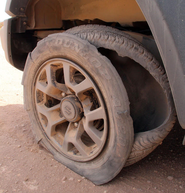 Mishap, when a tyre gave up at 100km/h after a puncture.