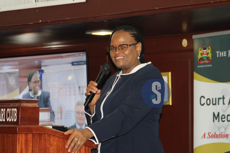 Chief Justice Martha Koome speaking during the inter-continental mediation summit at Nairobi Safari Club on October 18, 2023