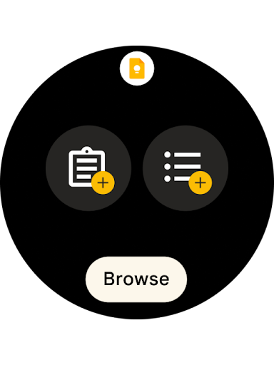 A smartwatch face displaying the Google Keep tile with options to create a note, a to-do list and browse.