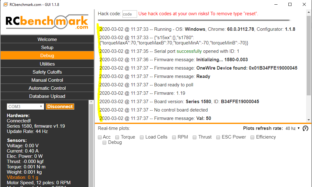 RCbenchmark software connectivity report