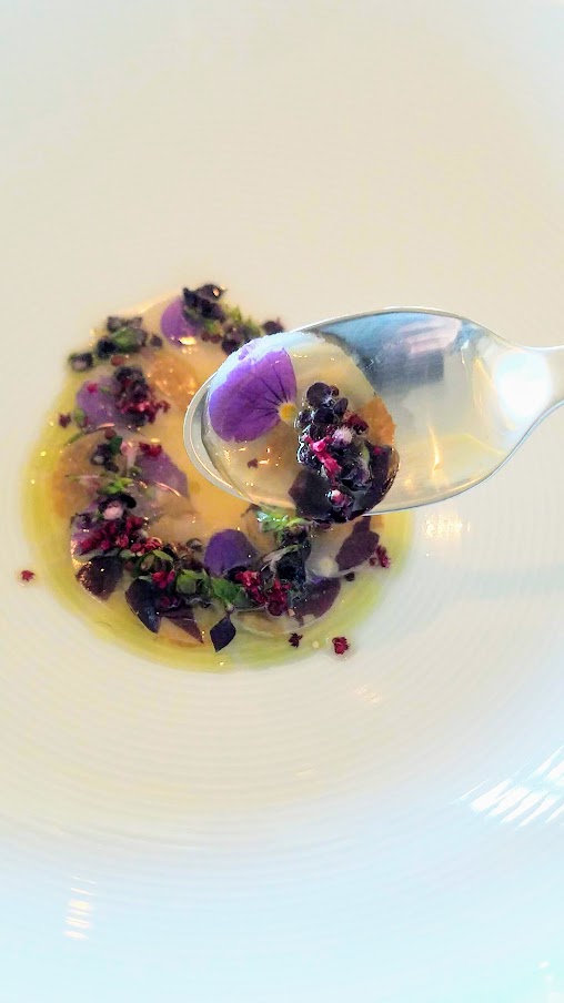 Celeriac, Dried Mussels, Söl and Juice from Smoked Yoghurt at Geranium, a three Michelin star restaurant in Copenhagen