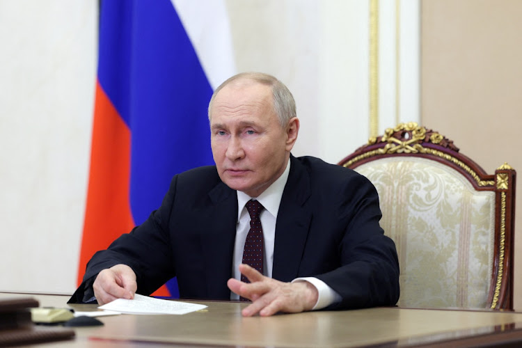 Russian President Vladimir Putin chairs a meeting on economic issues via video link at the Kremlin in Moscow, Russia, on May 3, 2024. Picture: SPUTNIK/ALEKSEY BABUSHKIN/KREMLIN via REUTERS