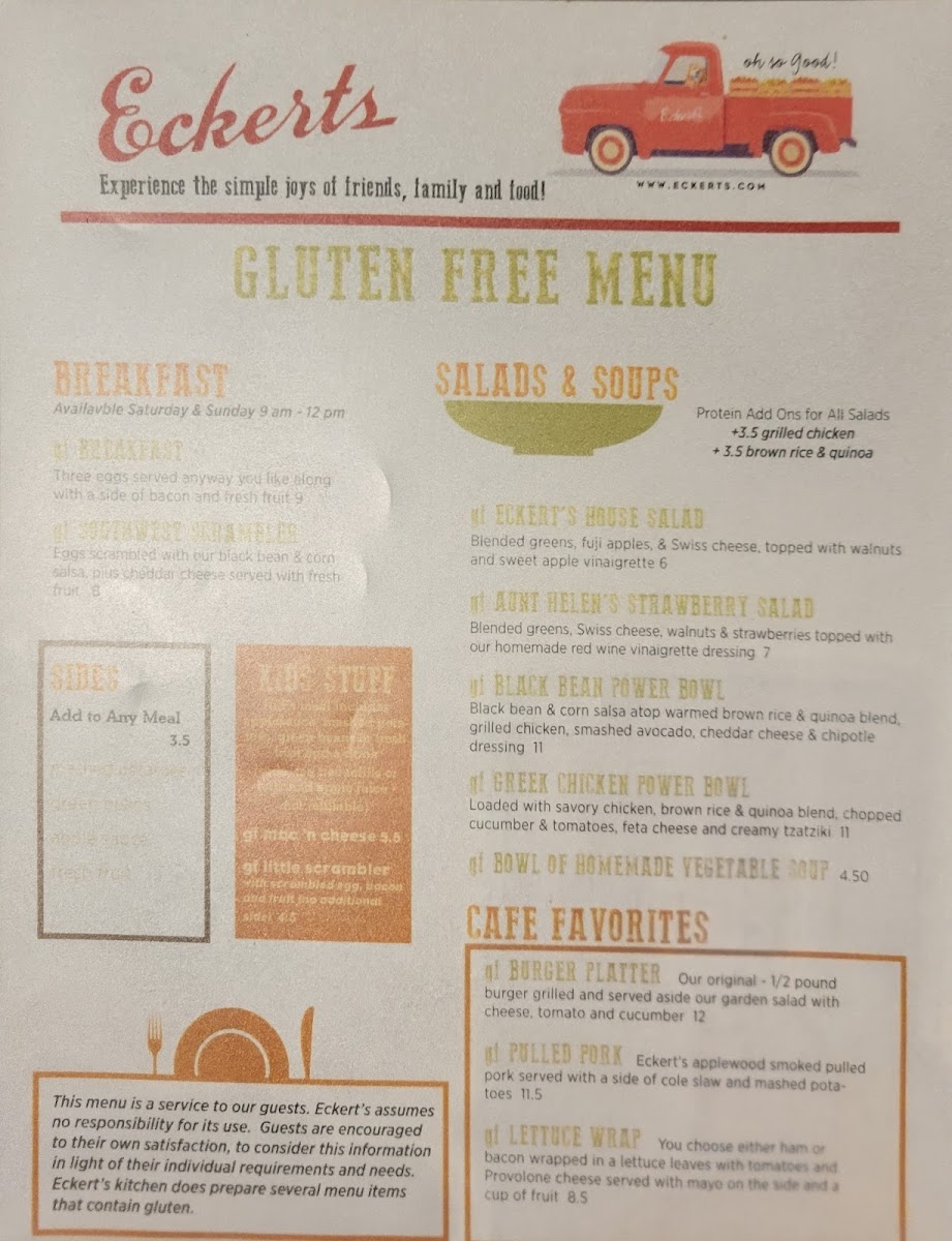 July 2021 Gluten Free Menu