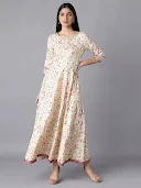 W Beige Embroidered A Line Kurta