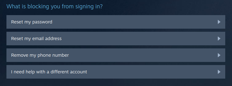 Screenshot of Steam offering several help options with login