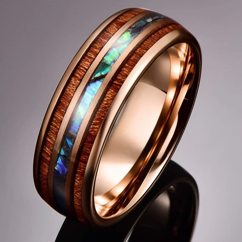 Rosegold Holzmaserung Shell Titan Stahl Ring für Herren und Damen, ein einzigartiges Schmuckstück mit Stil, langlebig und modern.