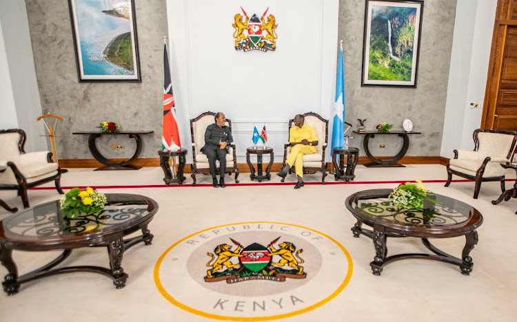 Somalia President Hassan Sheikh Mohamud and President William Ruto at State House on May 18, 2024.