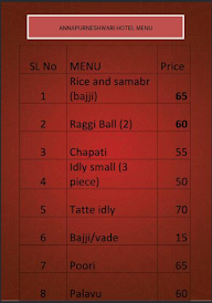 Hotel Sri Annapoorneswari menu 1