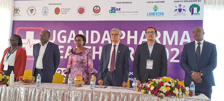 The Minister of Health Dr Jane Ruth Aceng flanked by the India high commissioner to Uganda Upender Singh Rawat at the opening ceremony of the 3rd Uganda pharmaceutical exhibition 2024 at the UMA show grounds in Kampala.