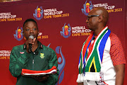 Minister of Sport Zizi Kodwa, right, and Proteas captain Bongi Msomi during the ministerial handover ceremony ahead of the 2023 Netball World Cup in Cape Town.
