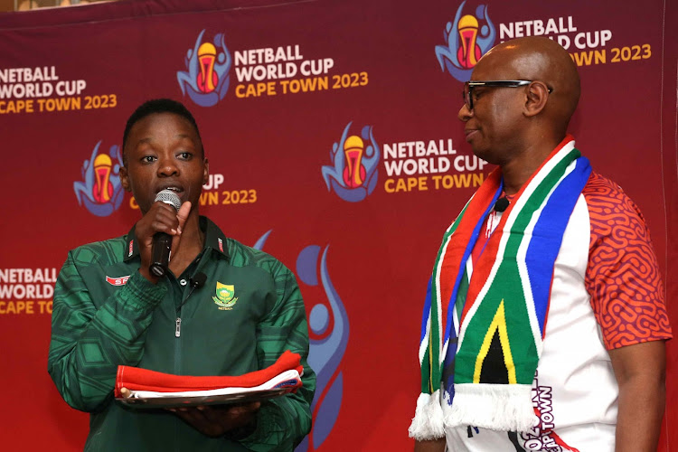 Minister of Sport Zizi Kodwa, right, and Proteas captain Bongi Msomi during the ministerial handover ceremony ahead of the 2023 Netball World Cup in Cape Town.