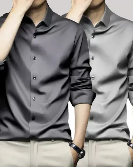 Men's gray shirt, long sleeved, non ironing, business dre... - 0