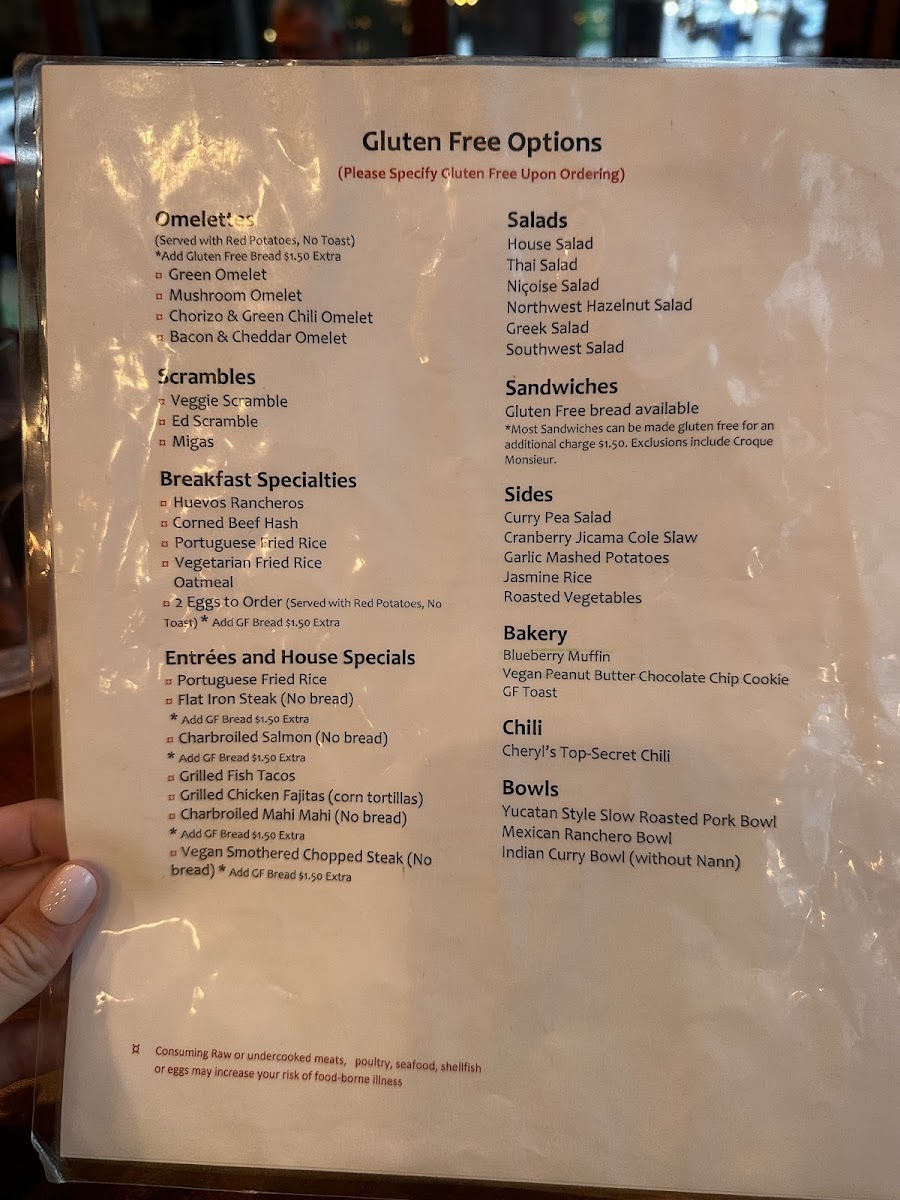 Gluten free menu