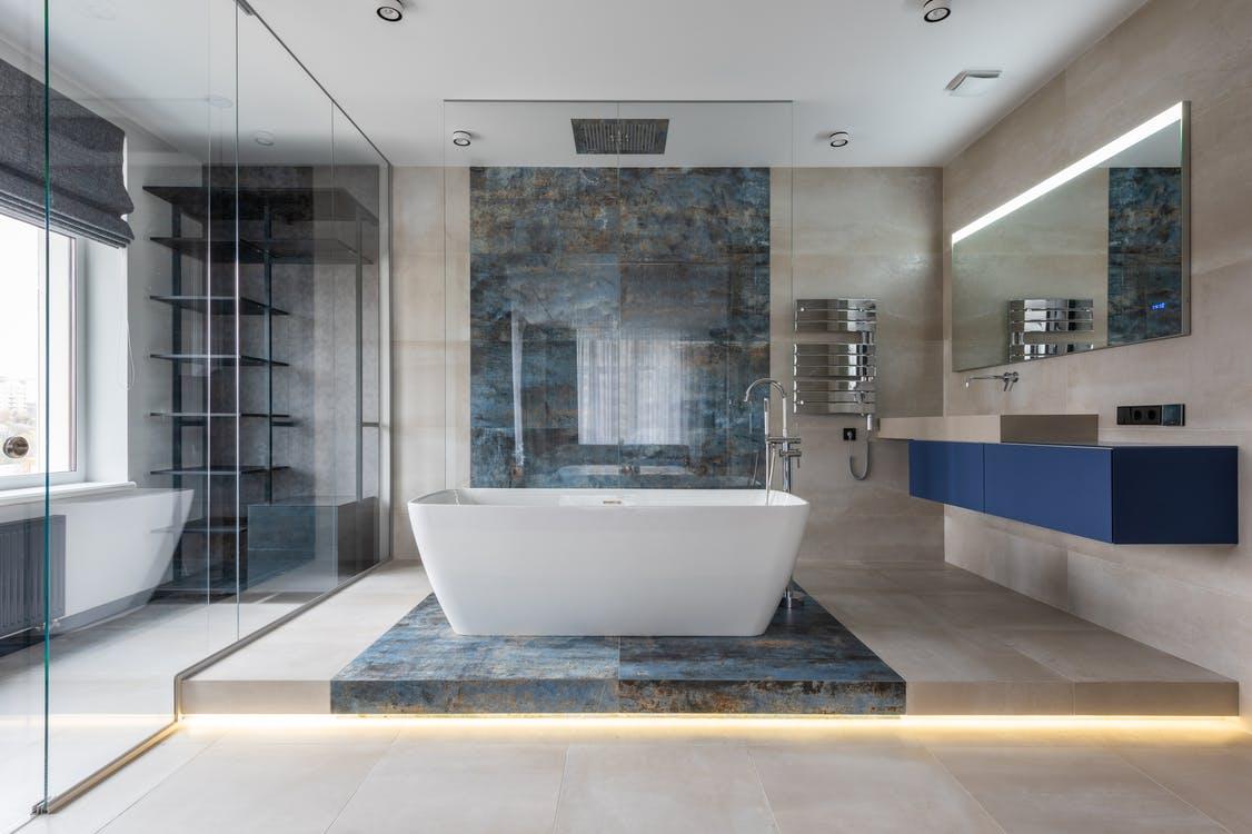 Modern bathroom interior with freestanding tub