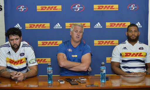 (L_R) EW Viljoen, Robbie Fleck (Head Coach) and Nizaam Carr during the DHL Stormers top table media session at High Performance Centre on May 15, 2017 in Cape Town, South Africa.