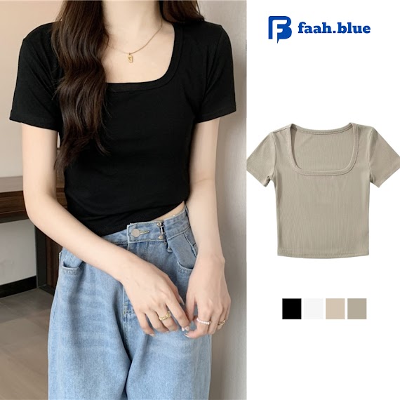 Áo Croptop Cổ Vuông Ngắn Tay Nữ Madela Vải Thun Bozzip Dày Dặn , Croptop Nữ Cổ Vuông Dáng Ôm Tay Ngắn - At01